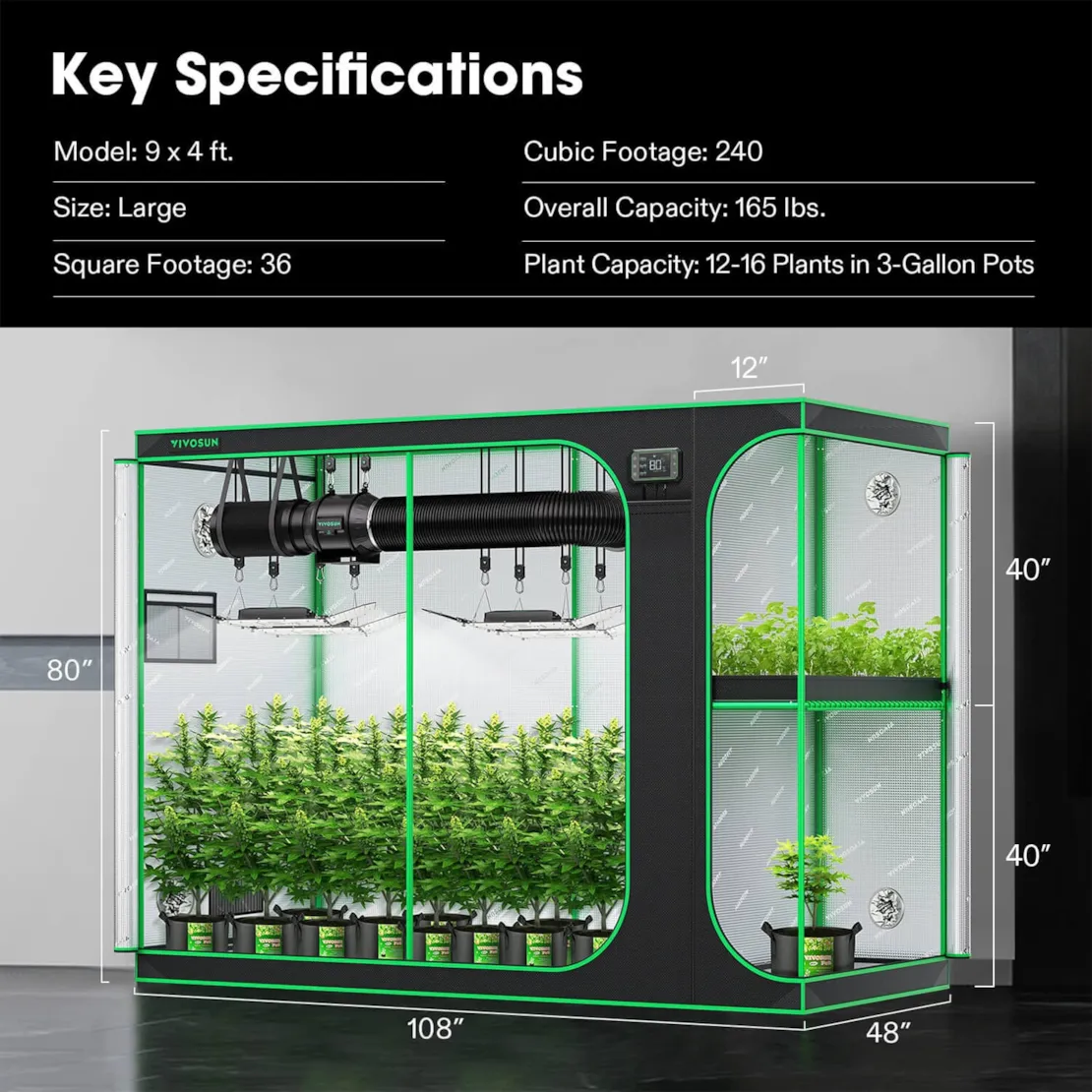Vivosun 2-in-1 Grow Tent 4x9 D948, 12-16 Plants Use, with Multi-Chamber - Image 9
