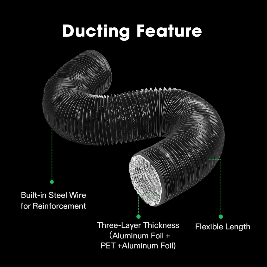 Vivosun 4 Inch 8 Feet Black Non-Insulated Flex Air Aluminum Ducting, w/Two 4 Inch Stainless Steel Clamps - Image 3