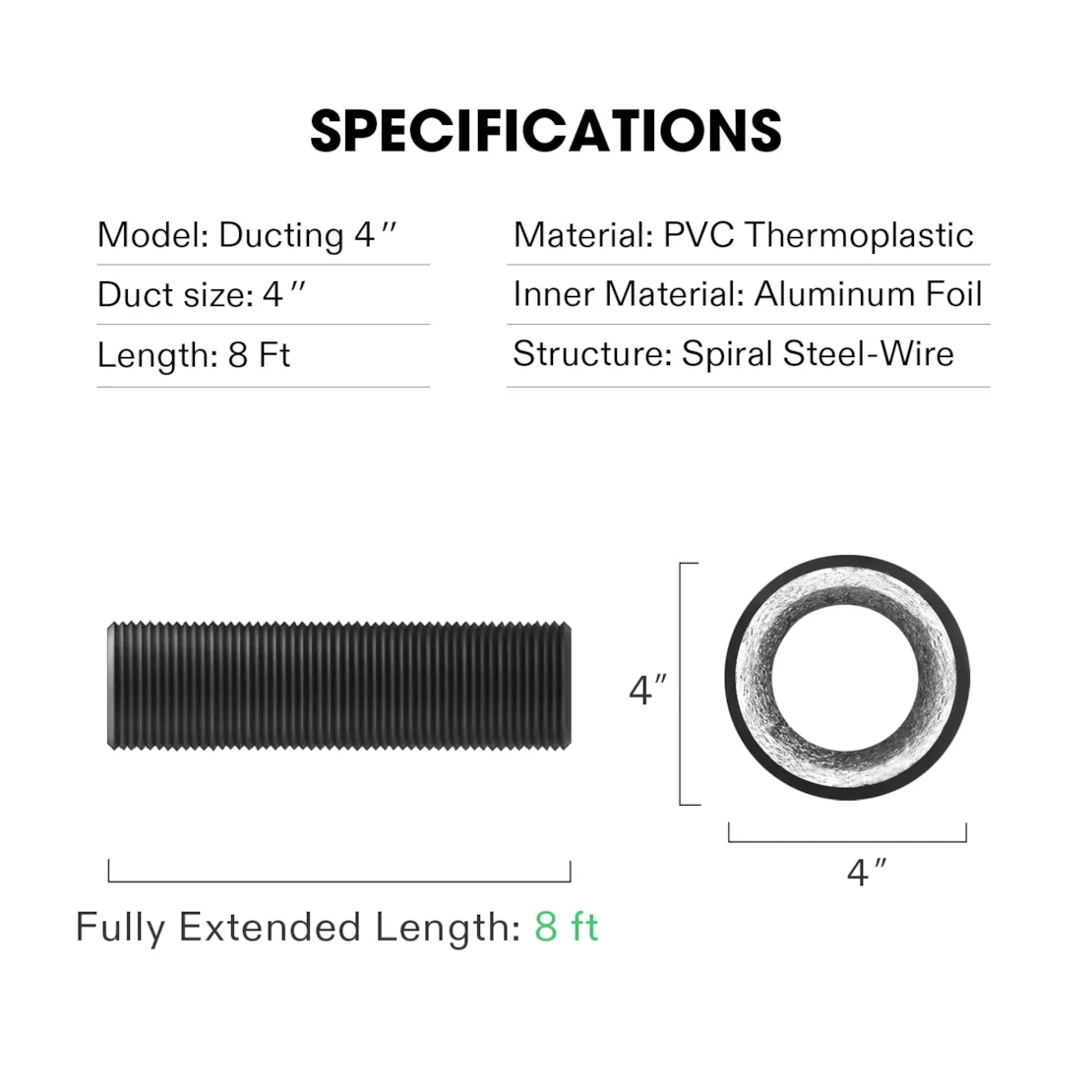 Vivosun 4 Inch 8 Feet Black Non-Insulated Flex Air Aluminum Ducting, w/Two 4 Inch Stainless Steel Clamps - Image 7