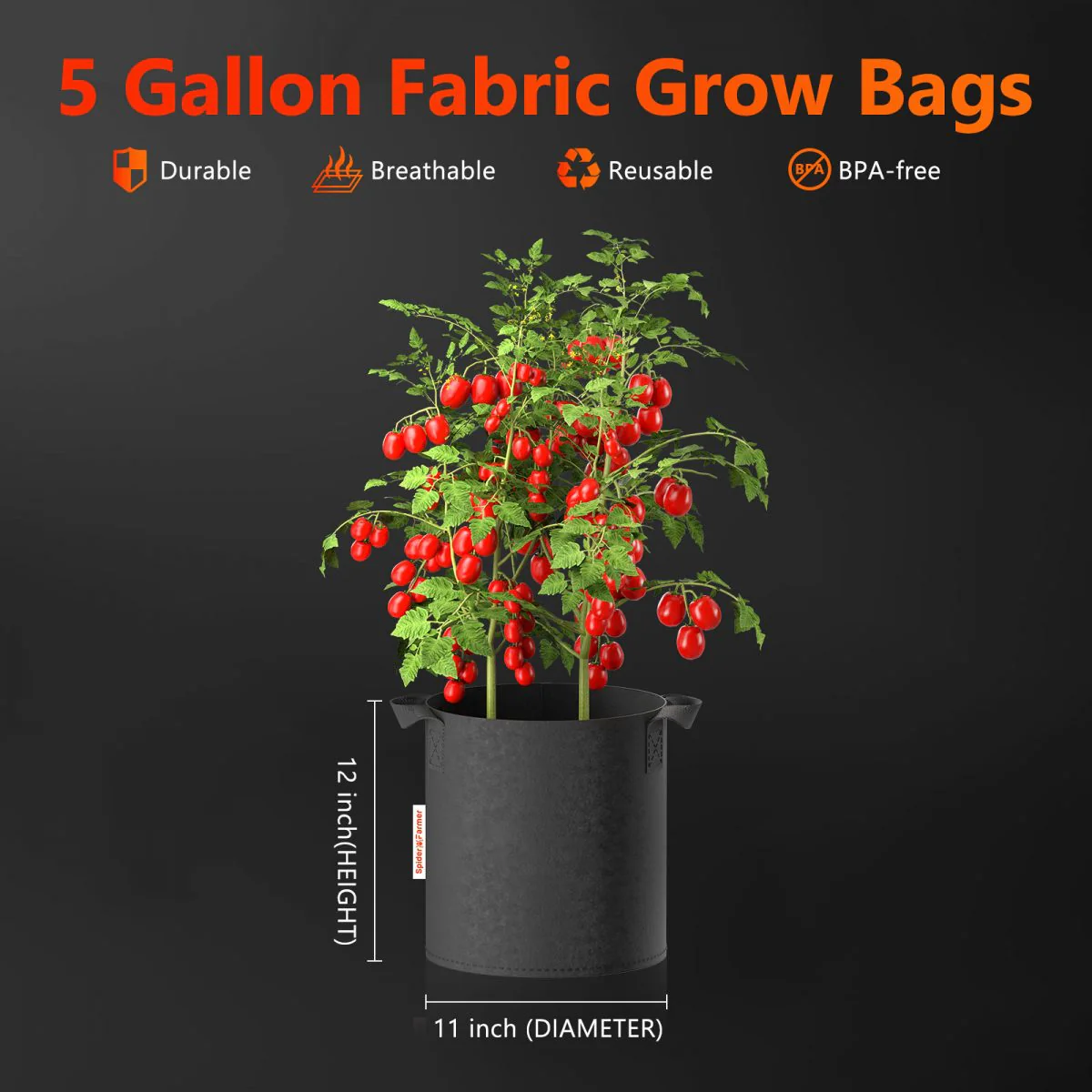 Spider Farmer 5-Pack 5 Gallon Grow Bags Heavy Duty 300G Thickened Nonwoven Plant Fabric Pots with Handles - Image 6