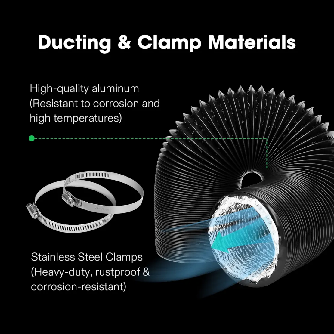 Vivosun 8 Inch 25 Feet Black Non-Insulated Flex Air Aluminum Ducting, w/Two 8 Inch Stainless Steel Clamps - Image 4