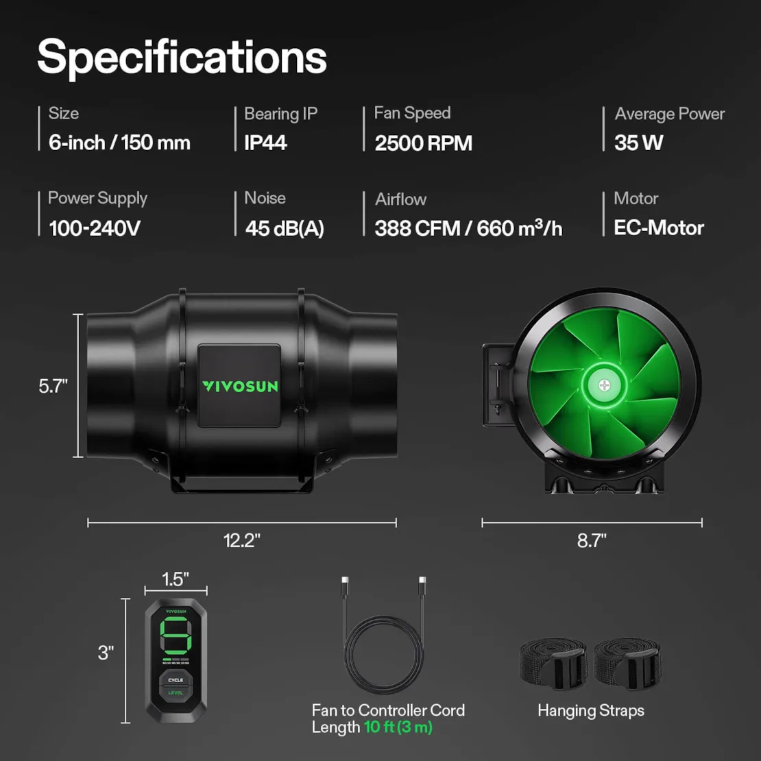 Vivosun AeroZesh G6 Inline Fan 6” with E12 Speed Controller, PWM-Controlled EC Fan for Grow Tent Ventilation - Image 7