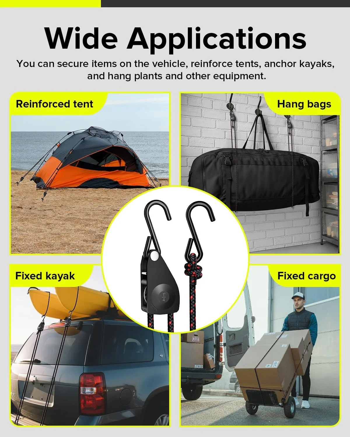 Elufah 1/4" Ratchet Tie Down Straps, 4-Pack & 12FT Adjustable Rope Hangers - Image 8
