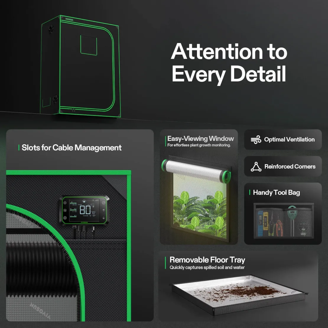 Vivosun Grow Tent 2x5 S538, 4-6 Plants Use, 600D Light-proof Oxford - Image 6
