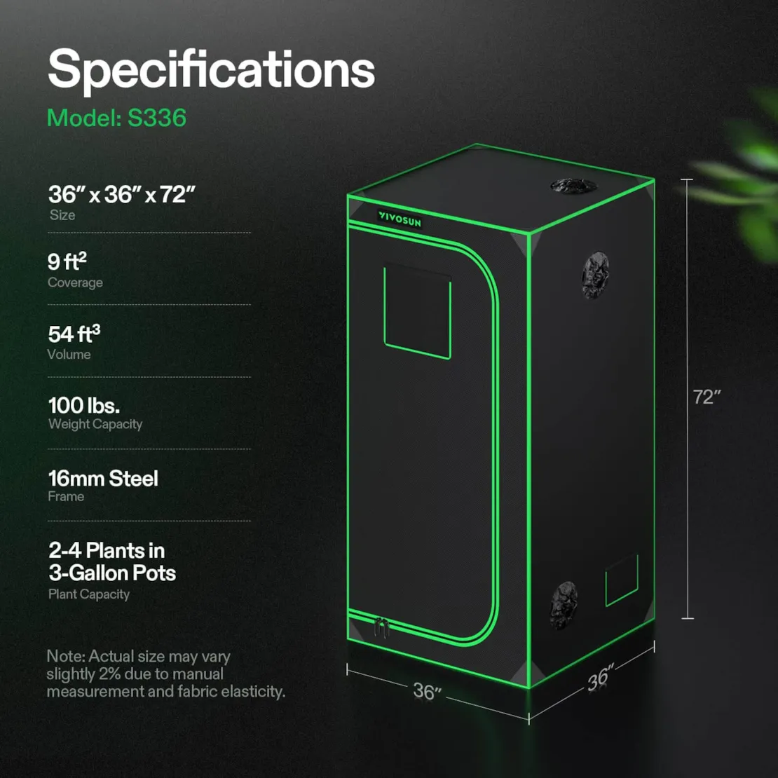 Vivosun Grow Tent 3x3 S336, 2-4 Plants Use, 600D Light-proof Oxford - Image 8