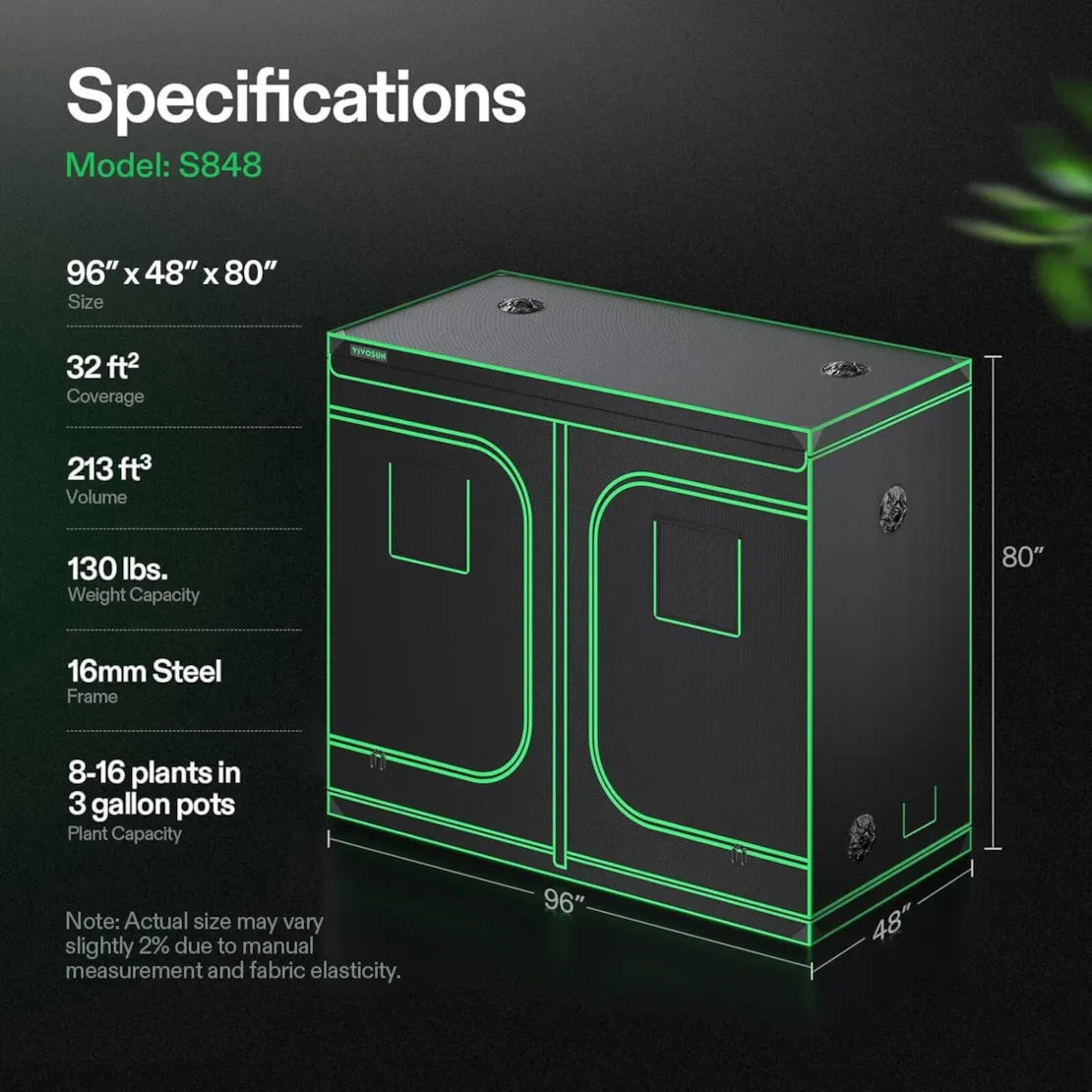 Vivosun Grow Tent 4x8 S848, 8-16 Plants Use, 600D Light-proof Oxford - Image 6