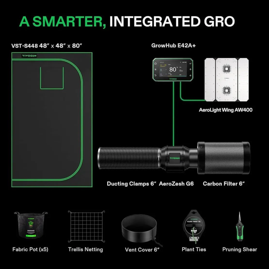 Vivosun Smart Grow Tent Kit 4x4, 4-Plant Complete System, with WiFi E42A+ Controller, 400W AeroLight Wing LED Grow Light, 6-inch AeroZesh G6 Ventilation Combo - Image 2