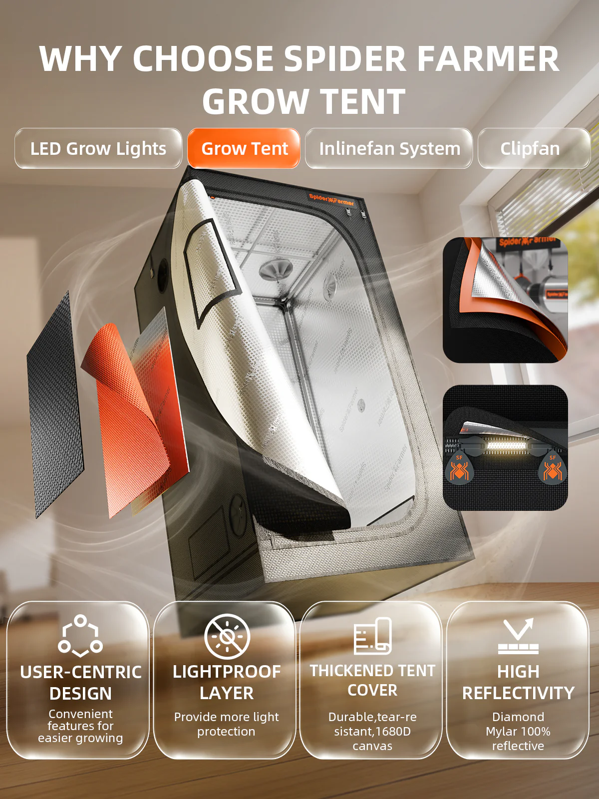 Spider Farmer 3×3′ Complete Grow Tent Kit丨G3000 WiFi & Bluetooth App-Controlled LED Grow Light丨6” Clip Fan丨4” Ventilation System with GGS Controller - Image 5