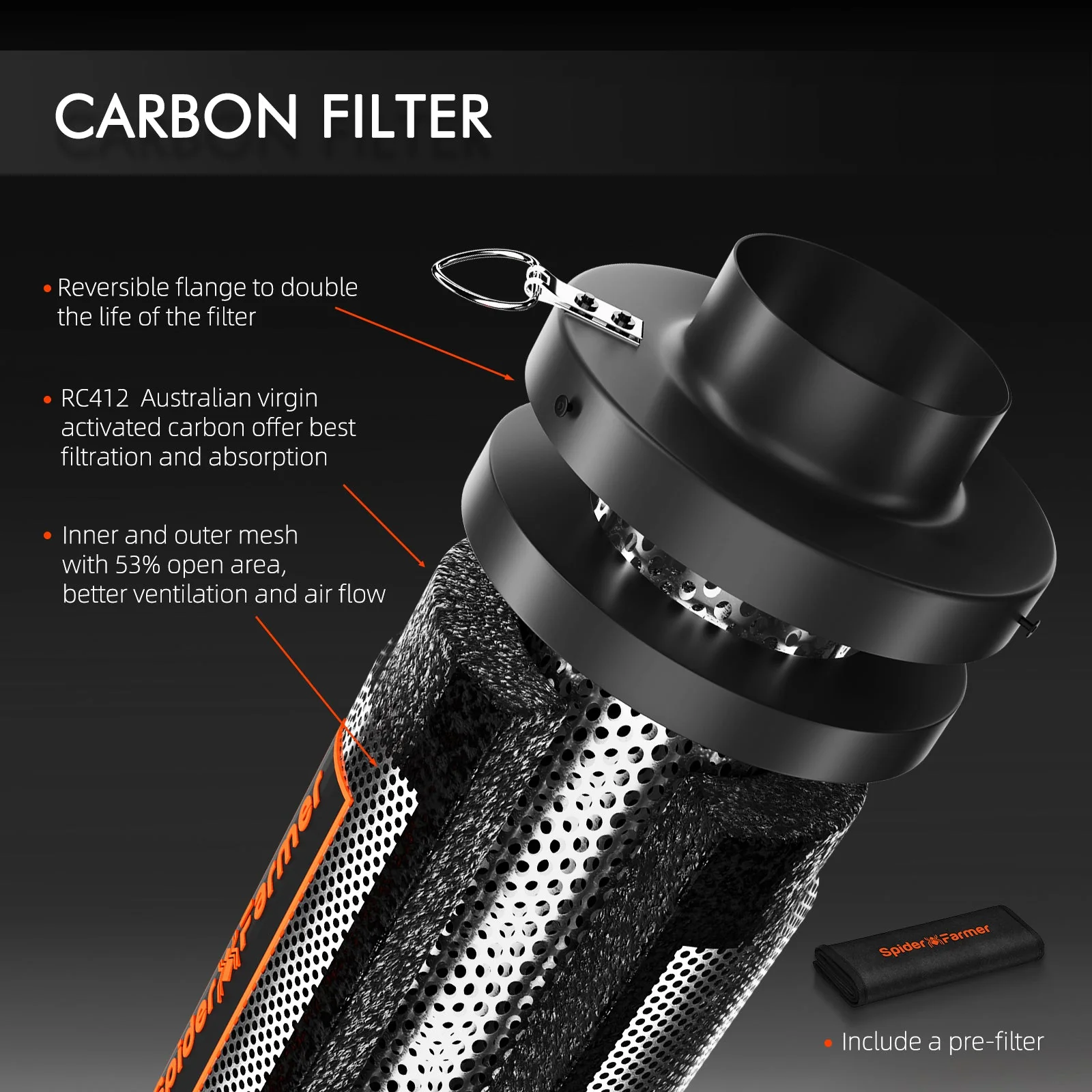 Spider Farmer 4 Inch/6 Inch Air Carbon Filter Odor Control for Inline Ducting Fan - Image 2