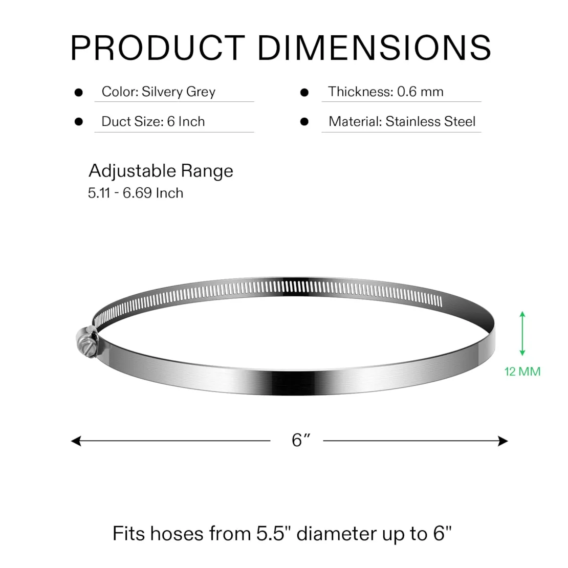 Vivosun Stainless Steel Air Ducting Clamps, 4/6/8/12 Inch Adjustable Hose Clamps with Worm Drive for Ducting, Heating, Cooling, Exhaust, and Ventilation (Pack of 2) - 6" - Image 3